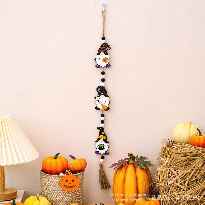 Halloweenská drevená závesná korálková dekorácia s príveskom tekvice, ducha a netopiera