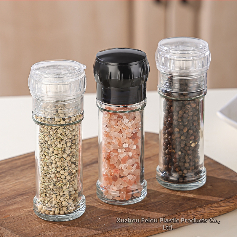 Γυάλινο μπουκάλι καρυκεύματος με κεραμικό πυρήνα, χειροκίνητος μύλος πιπεριού για θαλασσινό αλάτι και μαύρο πιπέρι