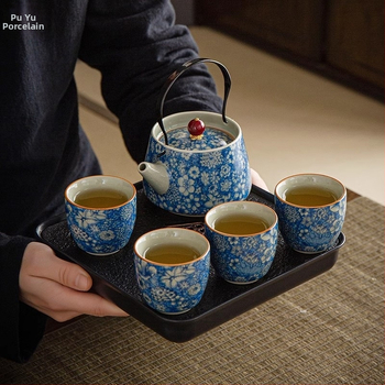 Súprava čajových kanvíc Ru Kiln s zdvíhacou rukoväťou, modrobiely porcelán v čínskom štýle, prémiová, odolná voči pripáleniu, domáci čajový set Gongfu