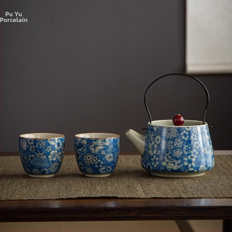 Súprava čajových kanvíc Ru Kiln s zdvíhacou rukoväťou, modrobiely porcelán v čínskom štýle, prémiová, odolná voči pripáleniu, domáci čajový set Gongfu