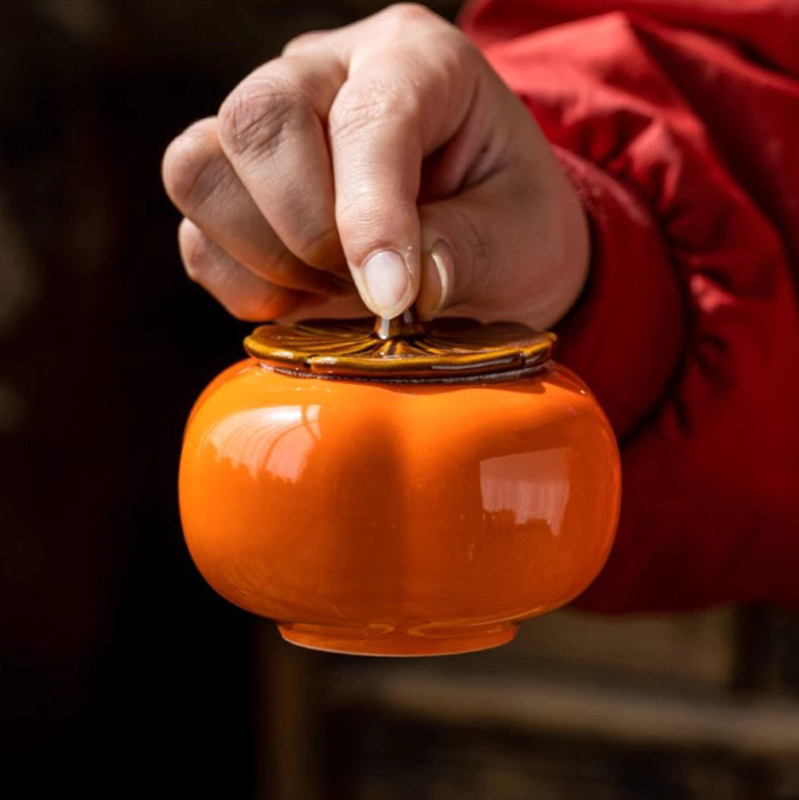 Κεραμικός persimmon κάδος για τσάι με καπάκι – σφραγισμένο βάζο τσαγιού και βάζο γλυκισμάτων, δημιουργικό δώρο