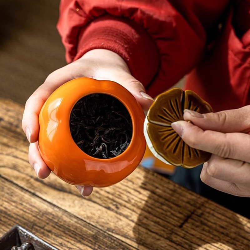 Κεραμικός persimmon κάδος για τσάι με καπάκι – σφραγισμένο βάζο τσαγιού και βάζο γλυκισμάτων, δημιουργικό δώρο