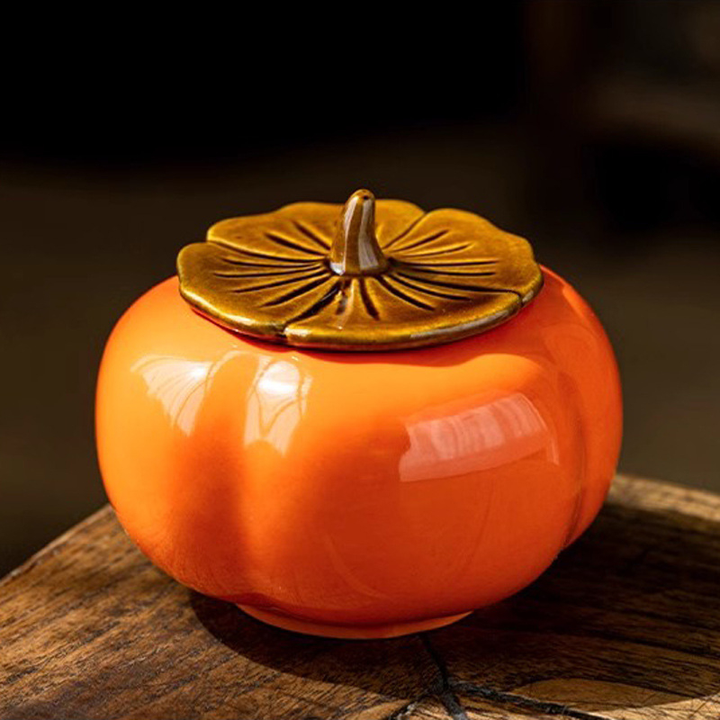 Κεραμικός persimmon κάδος για τσάι με καπάκι – σφραγισμένο βάζο τσαγιού και βάζο γλυκισμάτων, δημιουργικό δώρο
