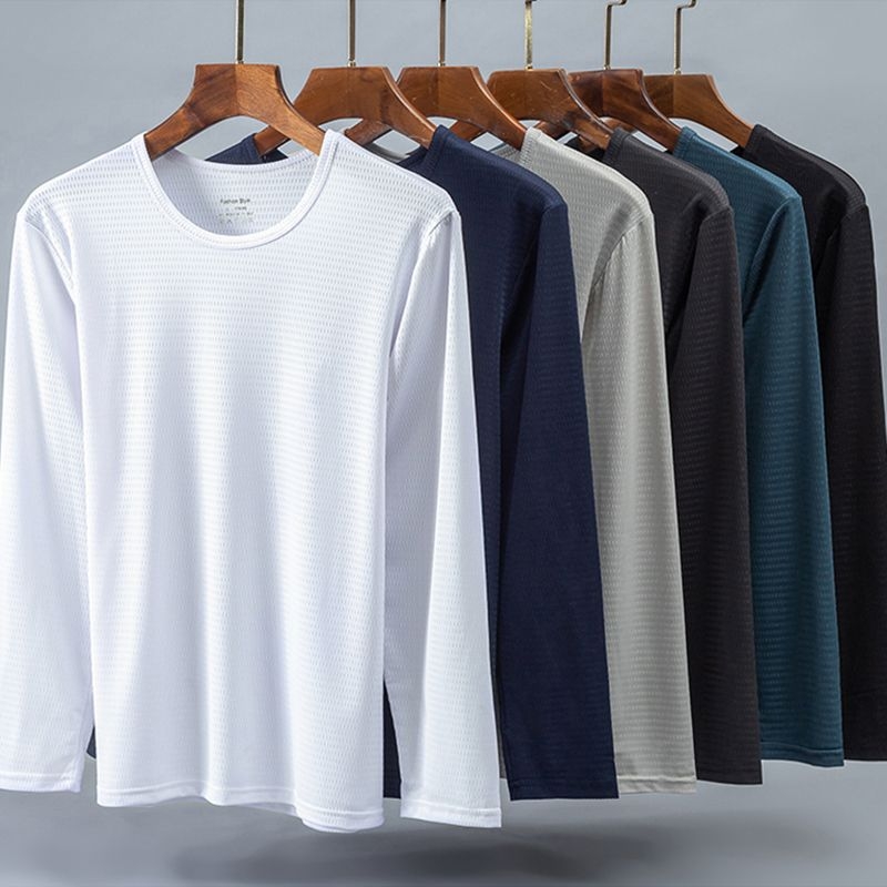 Ανδρικό Ice Silk μακρυμάνικο T‑shirt, καλοκαίρι, στρογγυλός λαιμός, μονόχρωμο, μεγάλο μέγεθος, ανάπνευση με δικτυωτό ύφασμα, γρήγορο στέγνωμα, αθλητικό T‑shirt