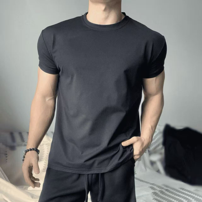 Μαύρη Sorona αντρική κοντομάνικη T‑shirt για καλοκαίρι, στενή γραμμή, ελαστικό ύφασμα, βαριά ύφανση, για γυμναστήριο