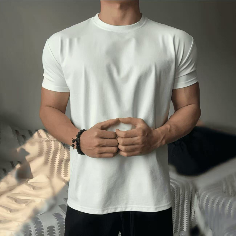 Μαύρη Sorona αντρική κοντομάνικη T‑shirt για καλοκαίρι, στενή γραμμή, ελαστικό ύφασμα, βαριά ύφανση, για γυμναστήριο