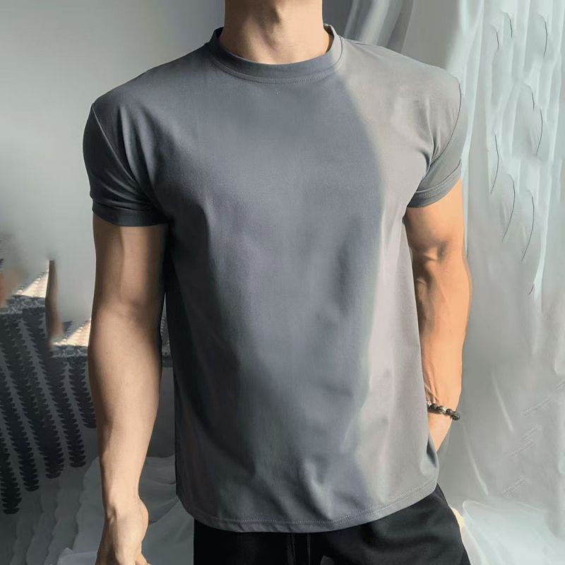 Μαύρη Sorona αντρική κοντομάνικη T‑shirt για καλοκαίρι, στενή γραμμή, ελαστικό ύφασμα, βαριά ύφανση, για γυμναστήριο
