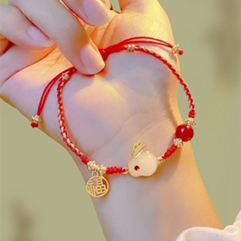 Brățară roșie din sfoară împletită cu motiv de iepure, pentru femei, talisman cu șnur de tragere, accesoriu versatil pentru Anul Iepurelui