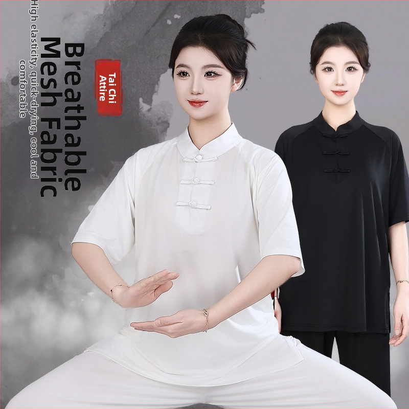 Oblečenie na Tai Chi, unisex, nový štýl 2026, sieťovaná tkanina z mliečneho a ľadového hodvábu, letný cvičebný úbor s krátkym rukávom.