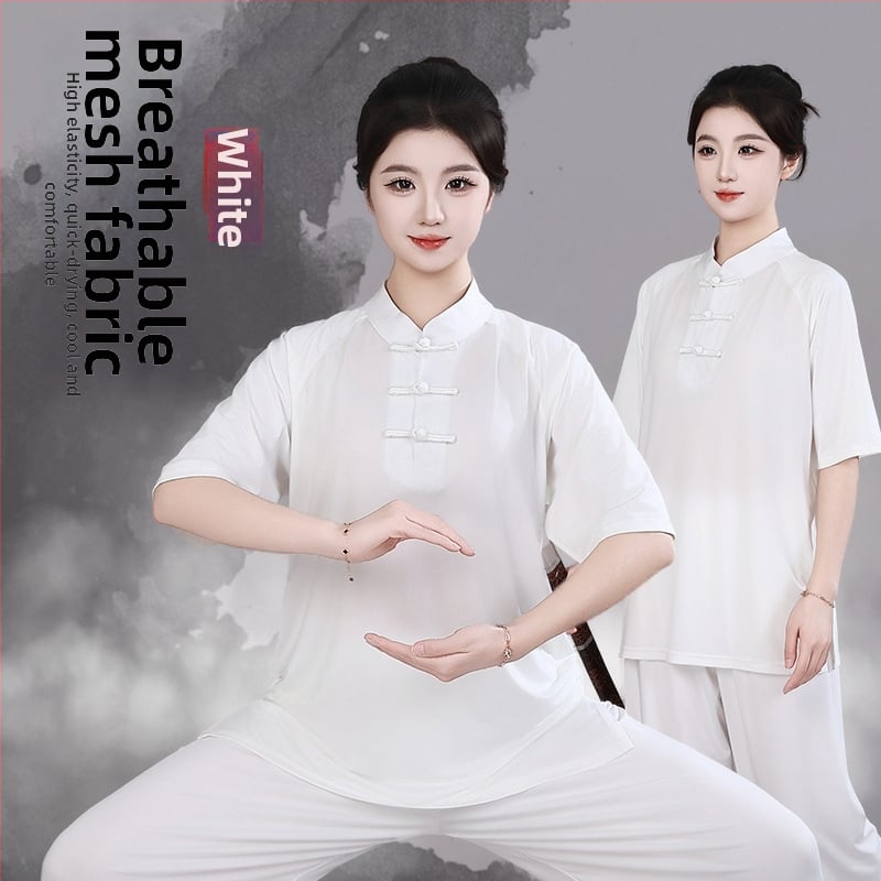 Oblečenie na Tai Chi, unisex, nový štýl 2026, sieťovaná tkanina z mliečneho a ľadového hodvábu, letný cvičebný úbor s krátkym rukávom.