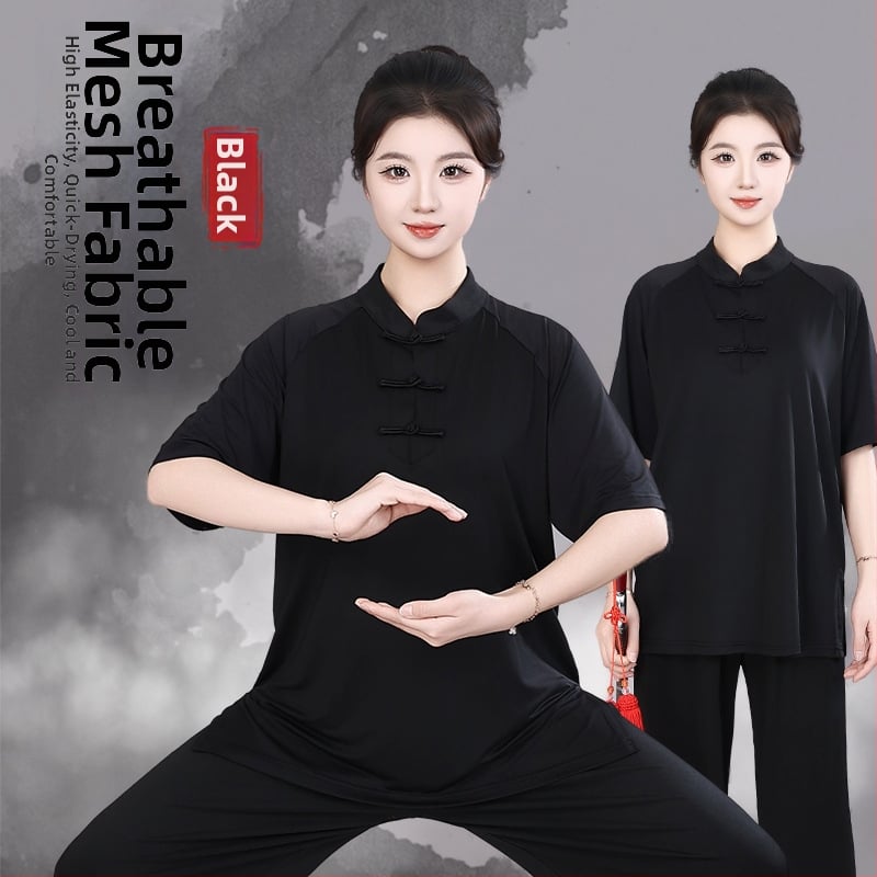 Oblečenie na Tai Chi, unisex, nový štýl 2026, sieťovaná tkanina z mliečneho a ľadového hodvábu, letný cvičebný úbor s krátkym rukávom.