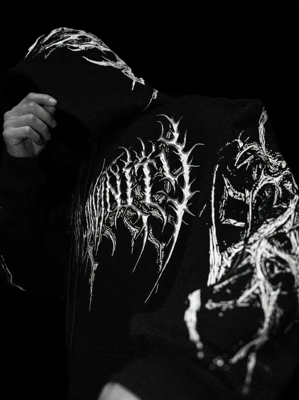 Breathedivinity Ανδρικό φούτερ με κουκούλα, fleece επένδυση, φαρδιά γραμμή, εκτύπωση κρανίου, φθινοπωρινό-χειμερινό