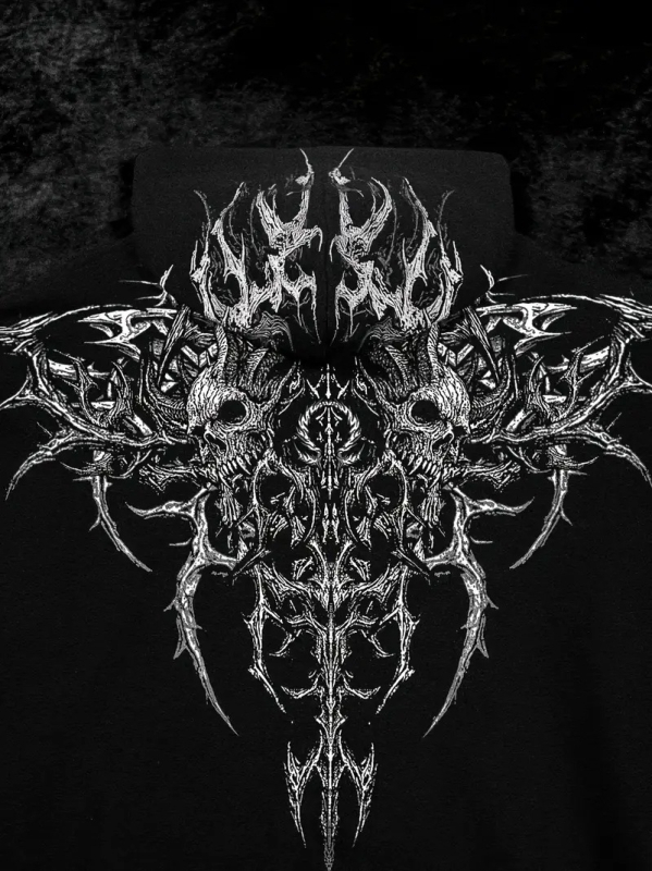 Breathedivinity Ανδρικό φούτερ με κουκούλα, fleece επένδυση, φαρδιά γραμμή, εκτύπωση κρανίου, φθινοπωρινό-χειμερινό