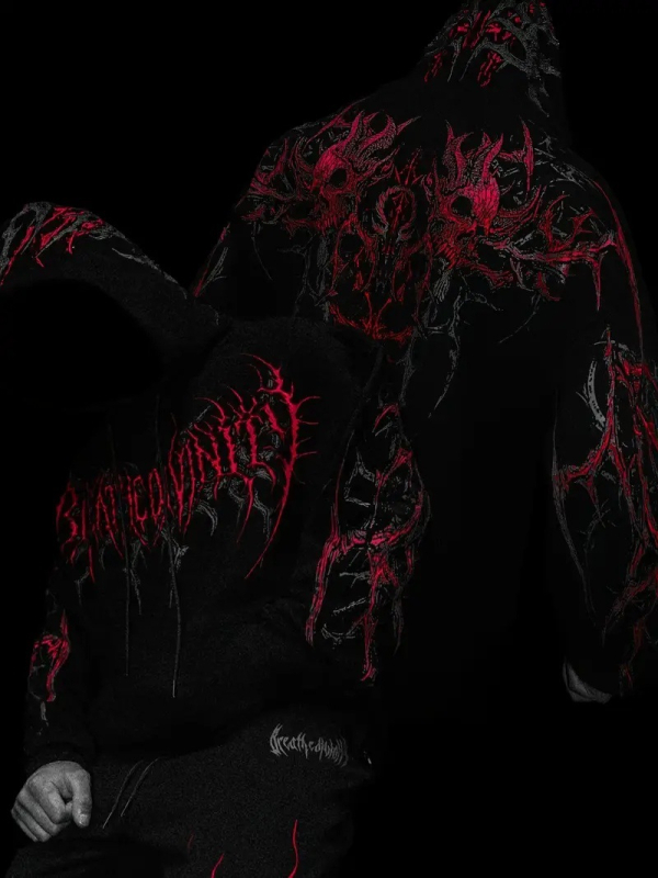 Breathedivinity Ανδρικό φούτερ με κουκούλα, fleece επένδυση, φαρδιά γραμμή, εκτύπωση κρανίου, φθινοπωρινό-χειμερινό