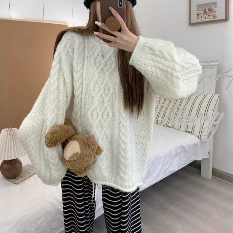Πουλόβερ από μαλλί κασμίρι, oversized, vintage χαλαρό στυλ, πλεκτό με καλωδιακό μοτίβο, γυναικείο τοπ άνετης γραμμής για όλο τον χρόνο.