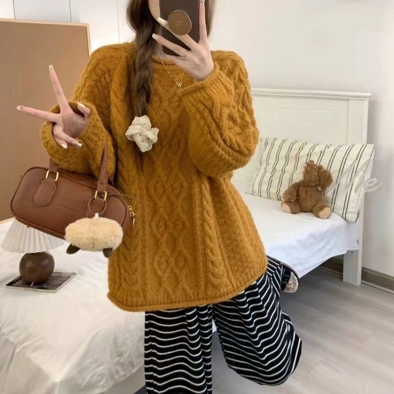 Πουλόβερ από μαλλί κασμίρι, oversized, vintage χαλαρό στυλ, πλεκτό με καλωδιακό μοτίβο, γυναικείο τοπ άνετης γραμμής για όλο τον χρόνο.