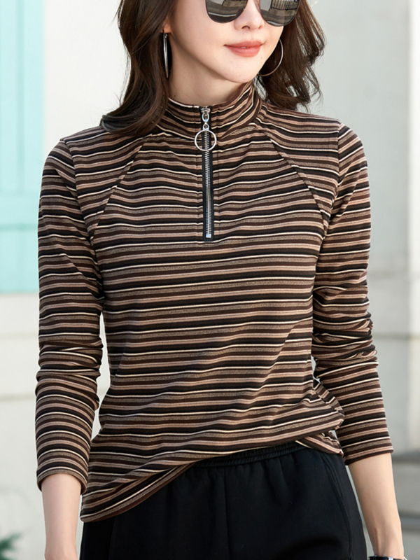 Γυναικείο τοπ με μισό φερμουάρ και φλις επένδυση, ριγέ, ζεστό για φθινόπωρο-χειμώνα