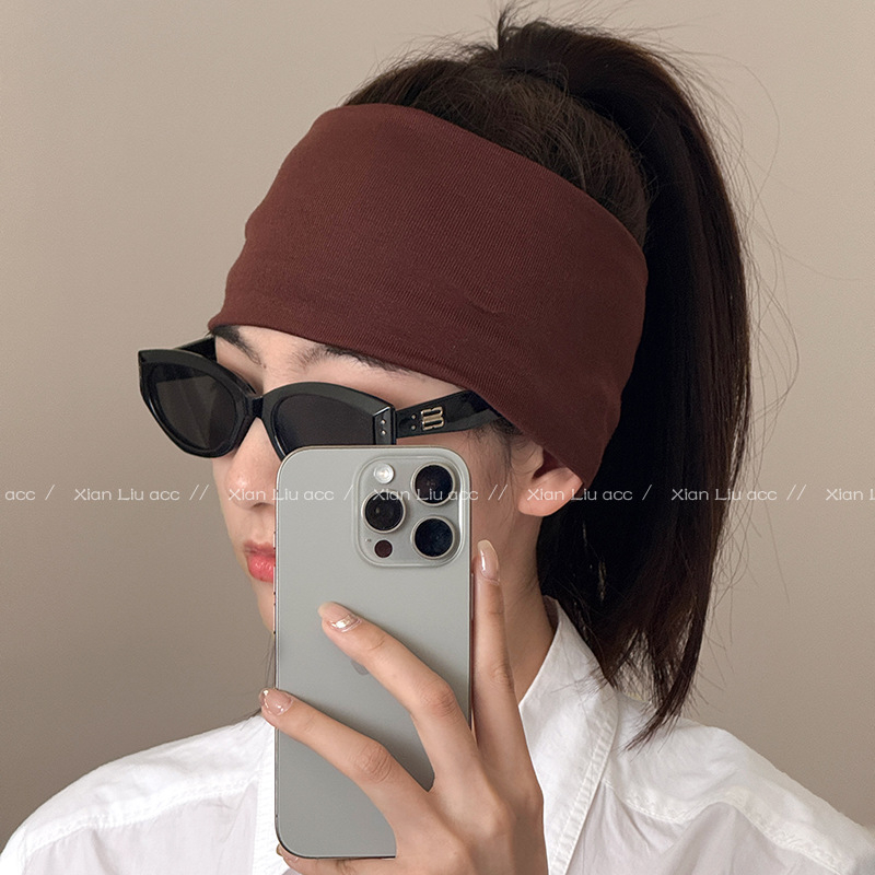 Bandă pentru cap sport largă, de culoare solidă, care absoarbe sudoarea, pentru alergare, yoga și activități în aer liber; elastic pentru păr cu senzație premium, accesoriu de păr.