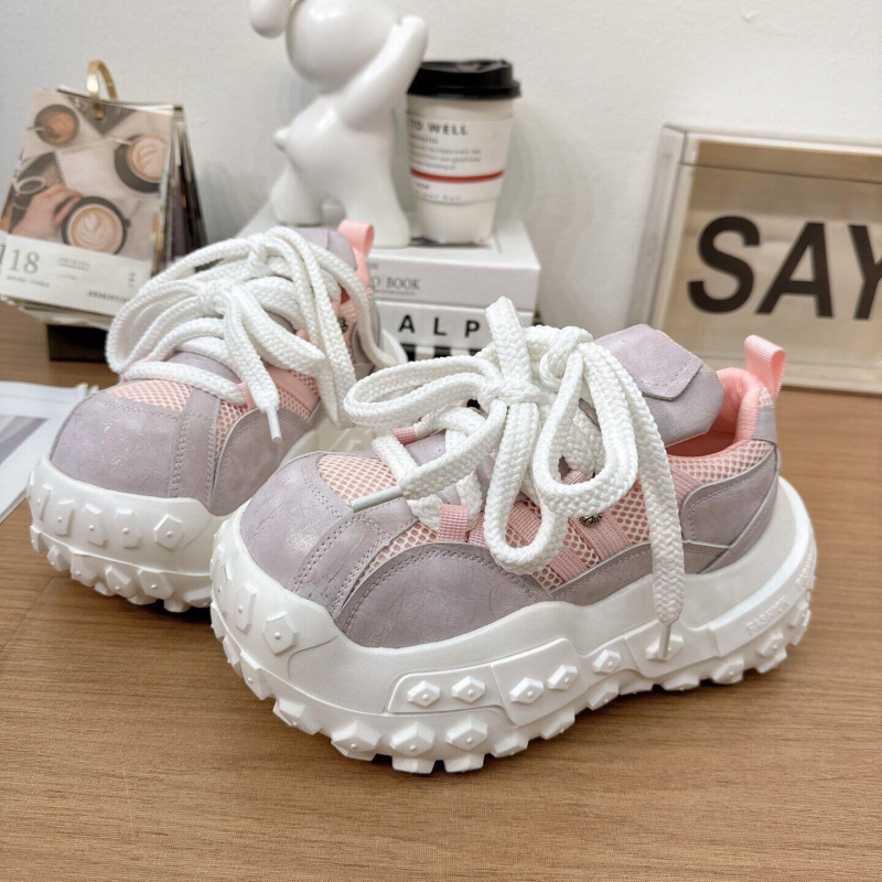 Γυναικείες casual sneakers με χρωματικό μπλοκ και φαρδιά σόλα, ρετρό στιλ dad shoes, παπούτσια που αυξάνουν το ύψος