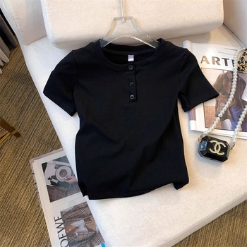 Γυναικεία μπλούζα T-shirt με κοντό μανίκι σε μέγεθος plus, μπροστινά κουμπιά, καλοκαιρινό κορεατικό στυλ, στενή γραμμή, μονόχρωμη