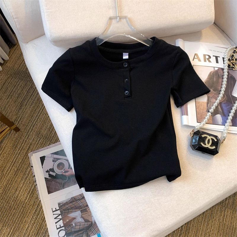 Γυναικεία μπλούζα T-shirt με κοντό μανίκι σε μέγεθος plus, μπροστινά κουμπιά, καλοκαιρινό κορεατικό στυλ, στενή γραμμή, μονόχρωμη