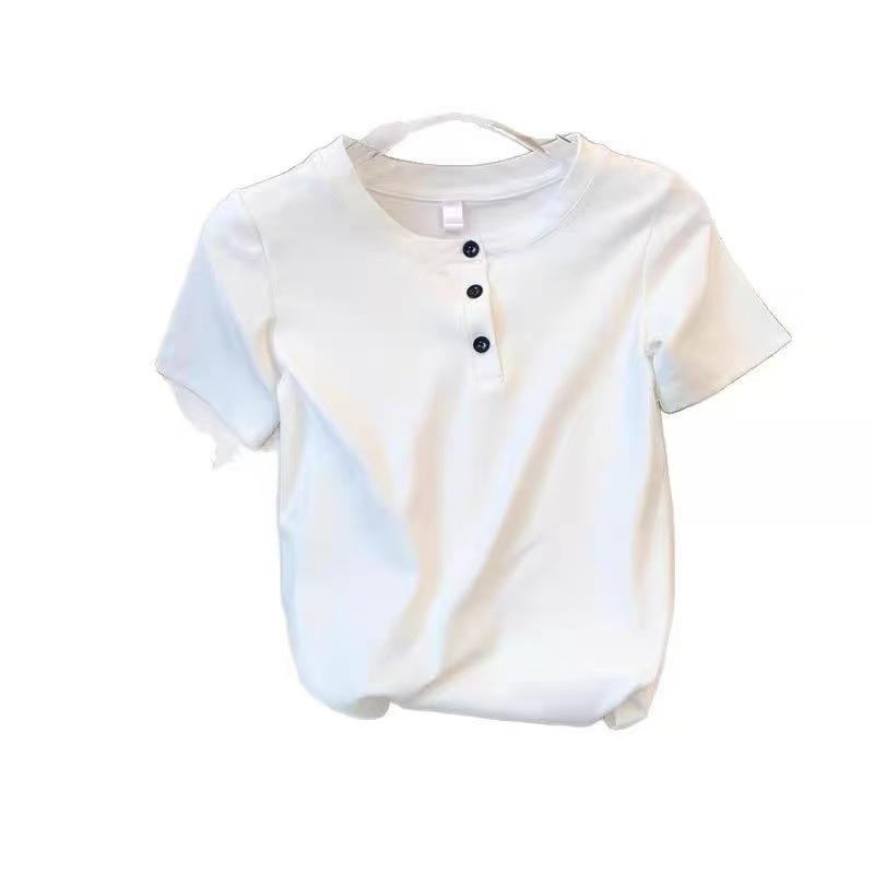 Γυναικεία μπλούζα T-shirt με κοντό μανίκι σε μέγεθος plus, μπροστινά κουμπιά, καλοκαιρινό κορεατικό στυλ, στενή γραμμή, μονόχρωμη
