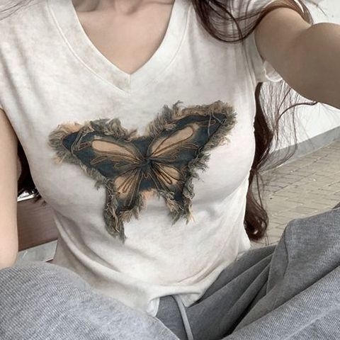 Γυναικείο T-Shirt με σχέδιο tie-dye πεταλούδα, Plus-Size, κοντό μανίκι, καλοκαίρι 2025, πιέτες, V-λαιμό, εφαρμοστό, κοντό τοπ