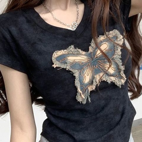 Γυναικείο T-Shirt με σχέδιο tie-dye πεταλούδα, Plus-Size, κοντό μανίκι, καλοκαίρι 2025, πιέτες, V-λαιμό, εφαρμοστό, κοντό τοπ