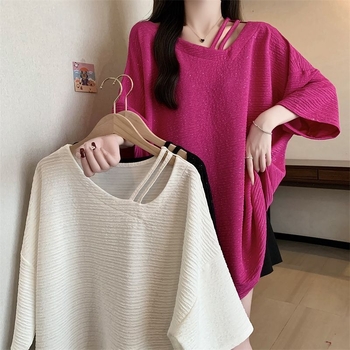 Γυναικείο T-shirt Plus Size με λαμπερή υφή, ασύμμετρος λαιμός, κοντά μανίκια, χαλαρή γραμμή, καλοκαίρι 2025, casual