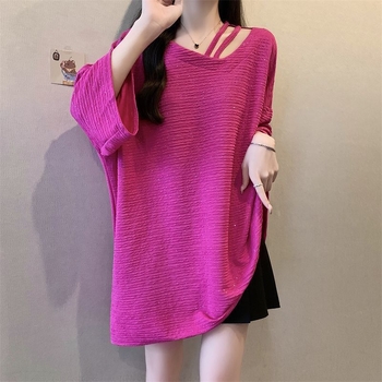 Γυναικείο T-shirt Plus Size με λαμπερή υφή, ασύμμετρος λαιμός, κοντά μανίκια, χαλαρή γραμμή, καλοκαίρι 2025, casual