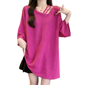 Γυναικείο T-shirt Plus Size με λαμπερή υφή, ασύμμετρος λαιμός, κοντά μανίκια, χαλαρή γραμμή, καλοκαίρι 2025, casual