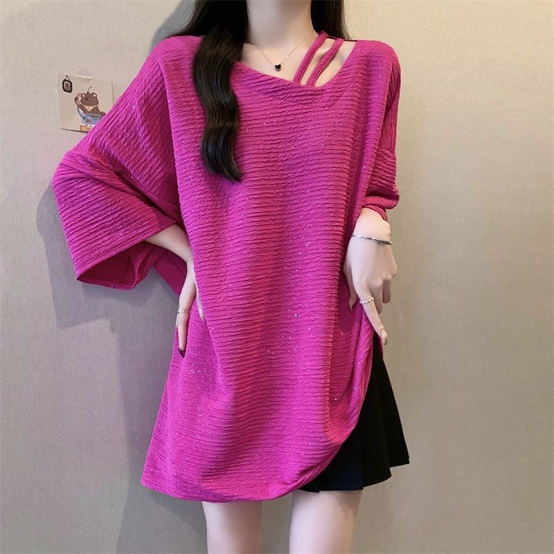 Γυναικείο T-shirt Plus Size με λαμπερή υφή, ασύμμετρος λαιμός, κοντά μανίκια, χαλαρή γραμμή, καλοκαίρι 2025, casual
