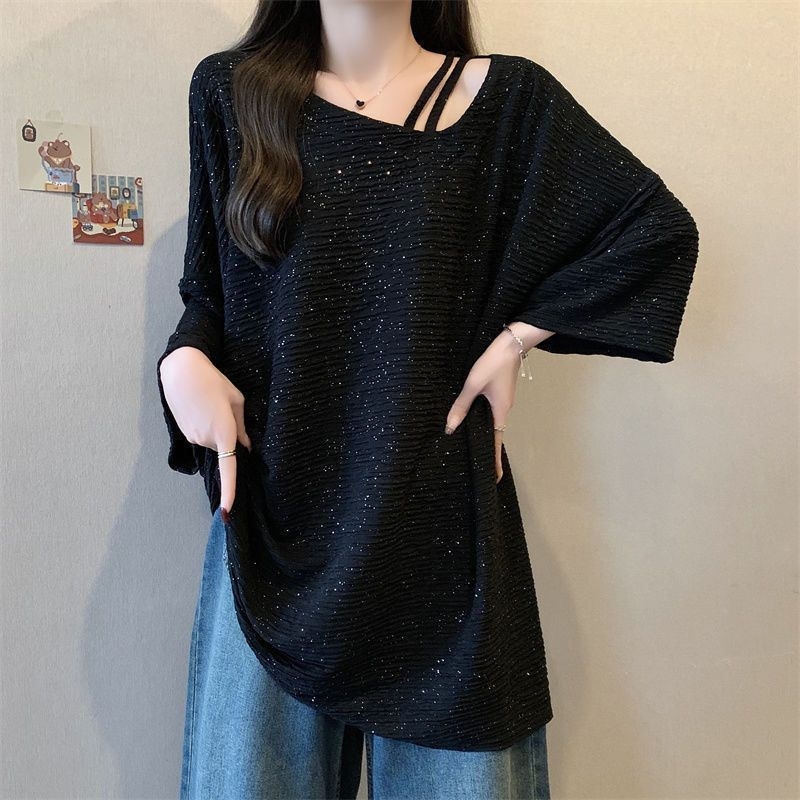 Γυναικείο T-shirt Plus Size με λαμπερή υφή, ασύμμετρος λαιμός, κοντά μανίκια, χαλαρή γραμμή, καλοκαίρι 2025, casual