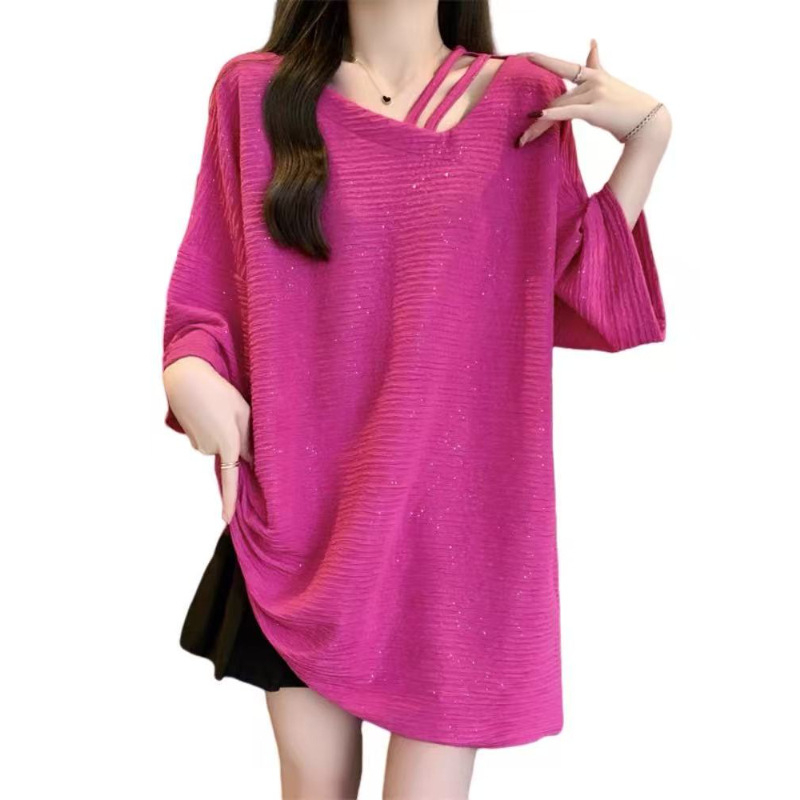 Γυναικείο T-shirt Plus Size με λαμπερή υφή, ασύμμετρος λαιμός, κοντά μανίκια, χαλαρή γραμμή, καλοκαίρι 2025, casual