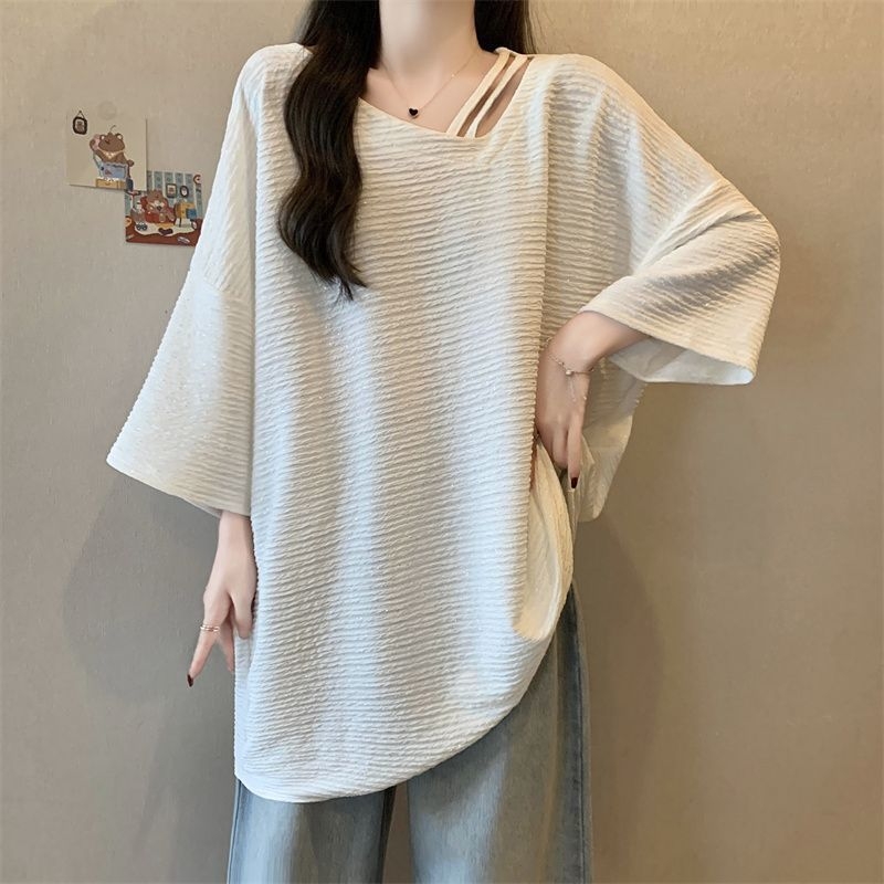 Γυναικείο T-shirt Plus Size με λαμπερή υφή, ασύμμετρος λαιμός, κοντά μανίκια, χαλαρή γραμμή, καλοκαίρι 2025, casual
