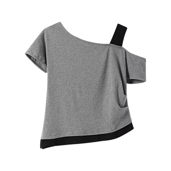 Γυναικείο κοντομάνικο T‑shirt με ασύμμετρο ντεκολτέ και σχέδιο σύνδεσης δύο μερών, καλοκαίρι 2026, στενή γραμμή