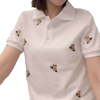 Γυναικεία T‑shirt με κέντημα μελισσών και γιακά τύπου lapel, κοντό μανίκι, ελεύθερη γραμμή, καλοκαίρι 2025