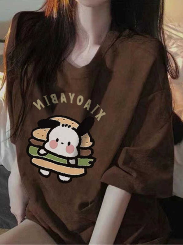 Γυναικείο T‑shirt σε αμερικανικό ρετρό στυλ με καρτούν, χαλαρή γραμμή, στρογγυλός λαιμός, μεσαίου μήκους, κοντά μανίκια, plus size, καλοκαιρινό τοπ