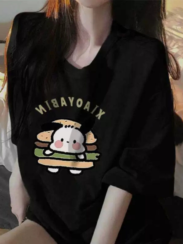 Γυναικείο T‑shirt σε αμερικανικό ρετρό στυλ με καρτούν, χαλαρή γραμμή, στρογγυλός λαιμός, μεσαίου μήκους, κοντά μανίκια, plus size, καλοκαιρινό τοπ