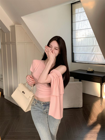 Μπλουζάκι γαλλικού στυλ, σέξι off-shoulder με ριφτά μανίκια, γυναικείο, καλοκαιρινή σχεδίαση με ακανόνιστο εσωτερικό στρώμα, οπτικά λεπταίνει τη σιλουέτα, κομψό