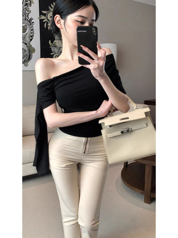 Μπλουζάκι γαλλικού στυλ, σέξι off-shoulder με ριφτά μανίκια, γυναικείο, καλοκαιρινή σχεδίαση με ακανόνιστο εσωτερικό στρώμα, οπτικά λεπταίνει τη σιλουέτα, κομψό