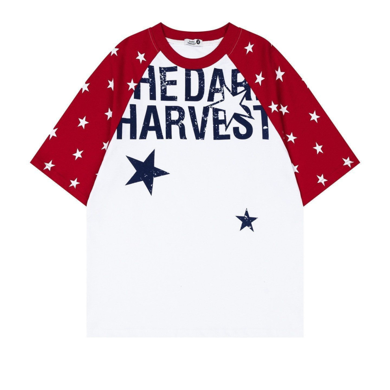 Γυναικείο κοντομάνικο T‑shirt σε αμερικανικό street style με αστέρι και χρωματικά μπλοκ, άνετη εφαρμογή, καλοκαίρι