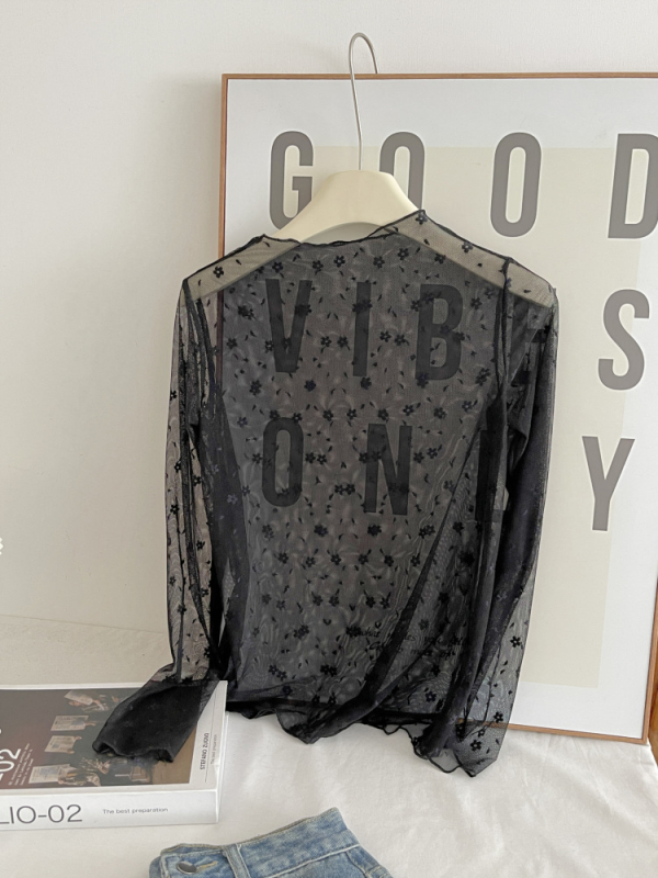 Γυναικεία μακρυμάνικη φανέλα T‑shirt, λεπτή δαντελένια μπλούζα με προστασία από τον ήλιο, εφαρμοστικό πλεκτό διχτυωτό βασικό στρώμα, στυλ slim 7034