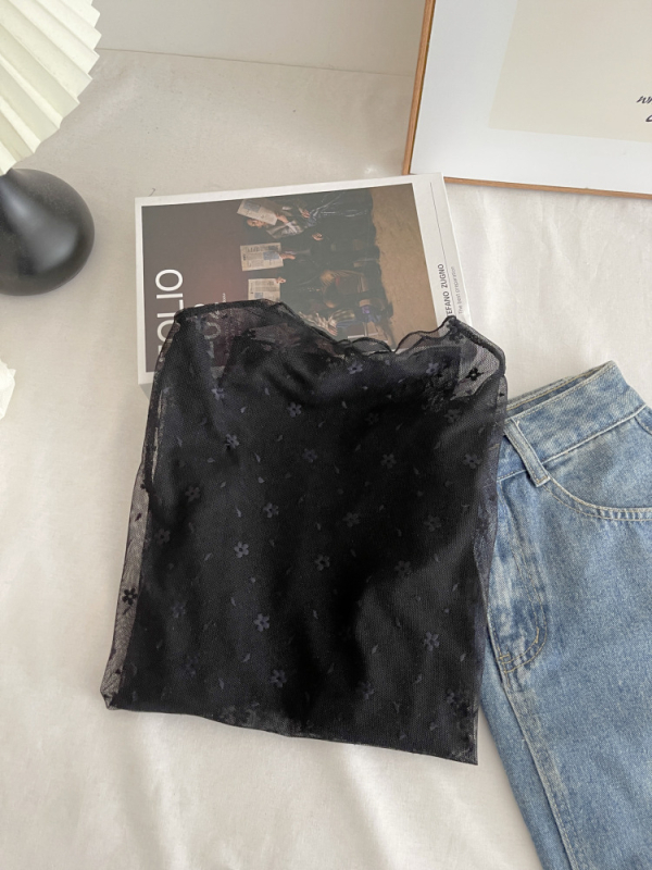 Γυναικεία μακρυμάνικη φανέλα T‑shirt, λεπτή δαντελένια μπλούζα με προστασία από τον ήλιο, εφαρμοστικό πλεκτό διχτυωτό βασικό στρώμα, στυλ slim 7034