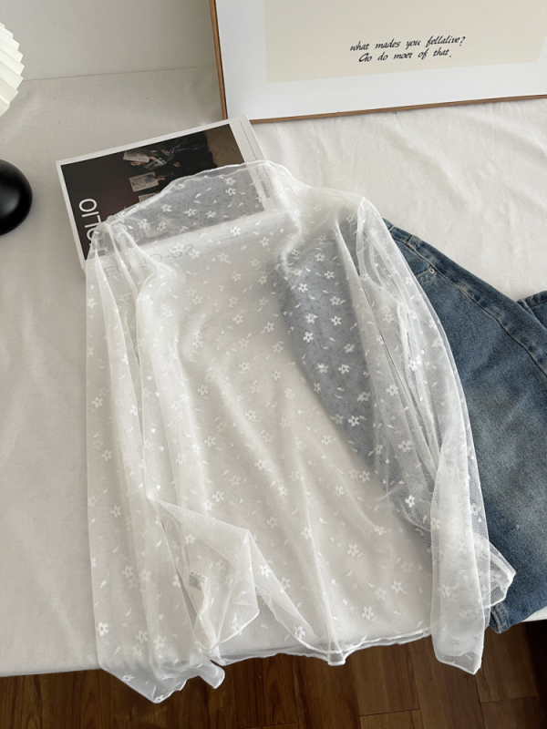 Γυναικεία μακρυμάνικη φανέλα T‑shirt, λεπτή δαντελένια μπλούζα με προστασία από τον ήλιο, εφαρμοστικό πλεκτό διχτυωτό βασικό στρώμα, στυλ slim 7034