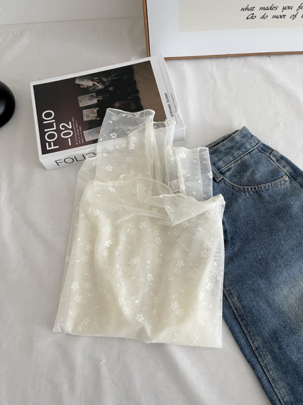 Γυναικεία μακρυμάνικη φανέλα T‑shirt, λεπτή δαντελένια μπλούζα με προστασία από τον ήλιο, εφαρμοστικό πλεκτό διχτυωτό βασικό στρώμα, στυλ slim 7034