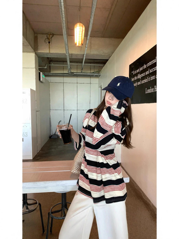 Miu Aesthetic Ρετρό ριγέ μακρυμάνικο T‑shirt με στρογγυλή λαιμόκοψη, για γυναίκες, χαλαρή γραμμή, βαμβάκι, αρχές φθινοπωρίου