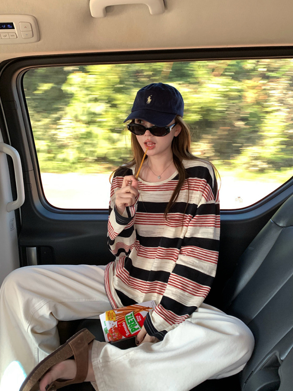 Miu Aesthetic Ρετρό ριγέ μακρυμάνικο T‑shirt με στρογγυλή λαιμόκοψη, για γυναίκες, χαλαρή γραμμή, βαμβάκι, αρχές φθινοπωρίου