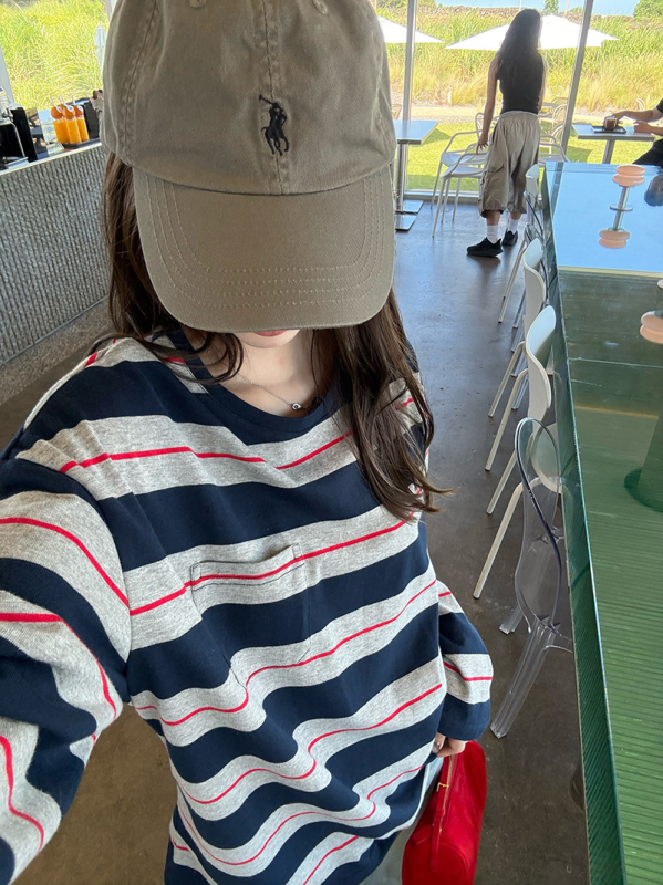 Miu Aesthetic Ρετρό ριγέ μακρυμάνικο T‑shirt με στρογγυλή λαιμόκοψη, για γυναίκες, χαλαρή γραμμή, βαμβάκι, αρχές φθινοπωρίου