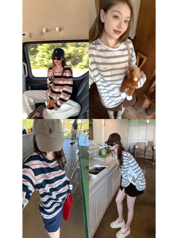 Miu Aesthetic Ρετρό ριγέ μακρυμάνικο T‑shirt με στρογγυλή λαιμόκοψη, για γυναίκες, χαλαρή γραμμή, βαμβάκι, αρχές φθινοπωρίου